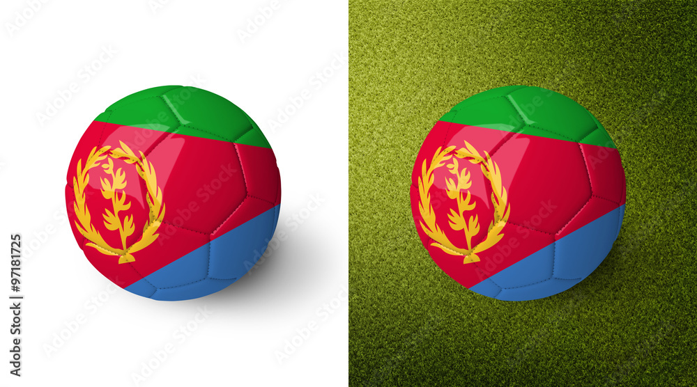 Obraz premium 3d realistic soccer ball with the flag of Eritrea on it isolated on white background and on green soccer field. See whole set for other countries. 