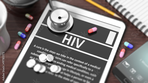 Картината върху платно Tablet with HIV on screen, stethoscope, pills and objects on wooden desktop