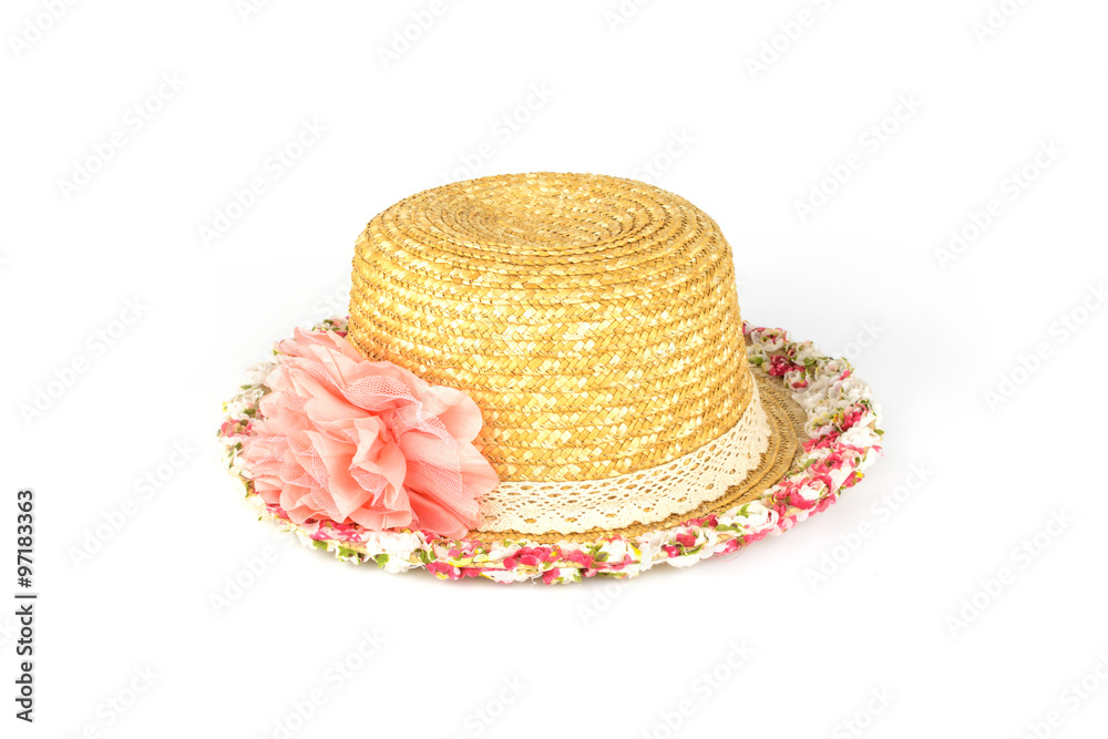 Pretty straw hat with flower isolated on white Pretty straw hat with flower isolated on white