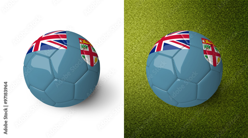 Fototapeta premium 3d realistic soccer ball with the flag of Fiji on it isolated on white background and on green soccer field. See whole set for other countries. 