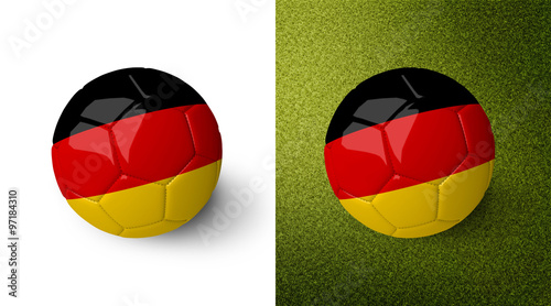 3d realistic soccer ball with the flag of Germany on it isolated on white background and on green soccer field. See whole set for other countries.  