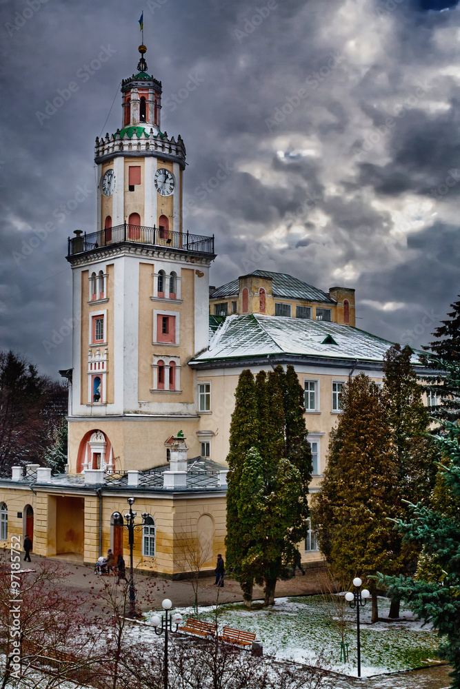 old town hall in Sambor, Ukraine, cloudy winter day