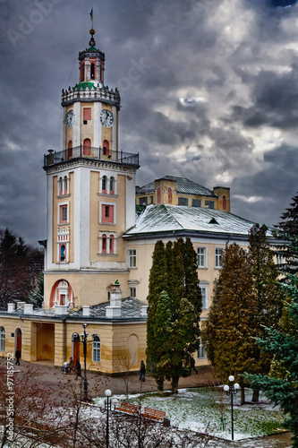 old town hall in Sambor, Ukraine, cloudy winter day