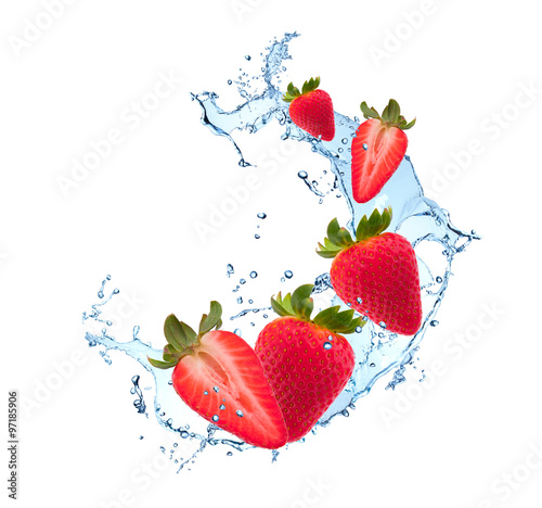 Fresh fruits, berries falling in water splash, isolated on white background