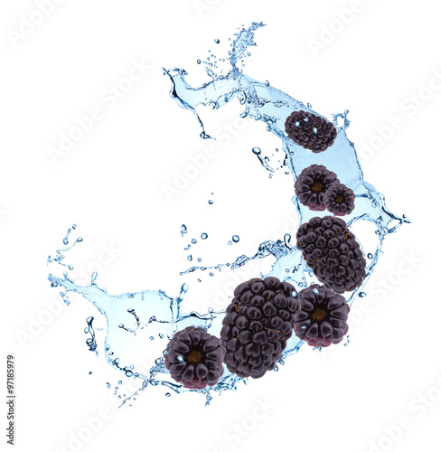 Fresh fruits, berries falling in water splash, isolated on white background