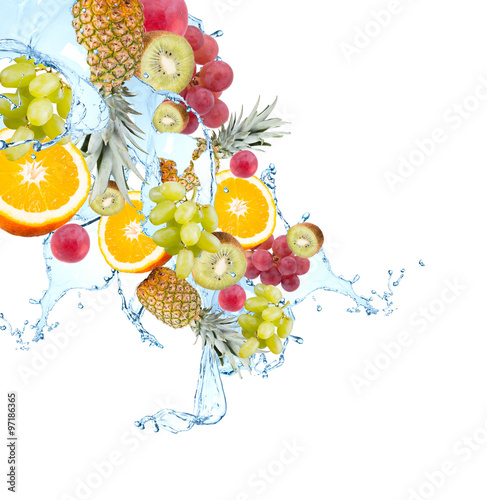 Fototapeta Naklejka Na Ścianę i Meble -  Fresh fruits falling in water splash, isolated on white background