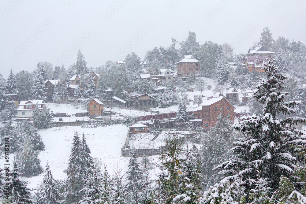 Mountain village in the snow storm. Carpathians