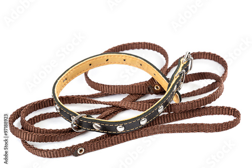 Leather dog collar and leash on a white background.