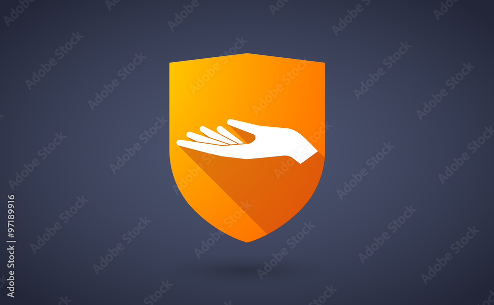 Long shadow shield icon with a hand offering Long shadow shield icon with a hand offering