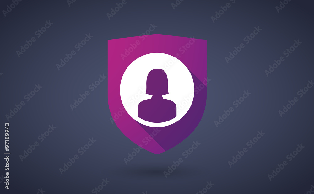 Long shadow shield icon with a female avatar Long shadow shield icon with a female avatar