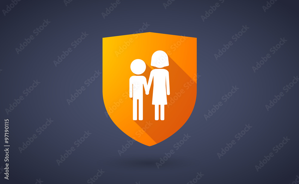 Long shadow shield icon with a childhood pictogram Long shadow shield icon with a childhood pictogram
