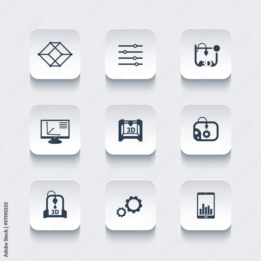 3d printer, printing, modeling, additive manufacturing, rounded square icons set, vector illustration