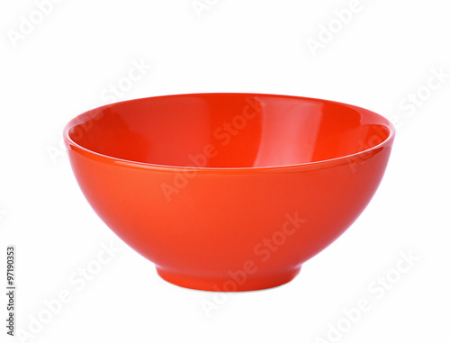 Empty orange ceramic bowl on white background