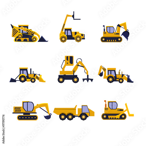 Construction Equipment Road Roller, Excavator, Bulldozer and Tractor. Car Flat Icon Set