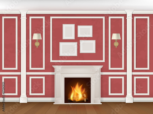 Classic interior wall with fireplace, sconces and pilasters. Vector realistic illustration.