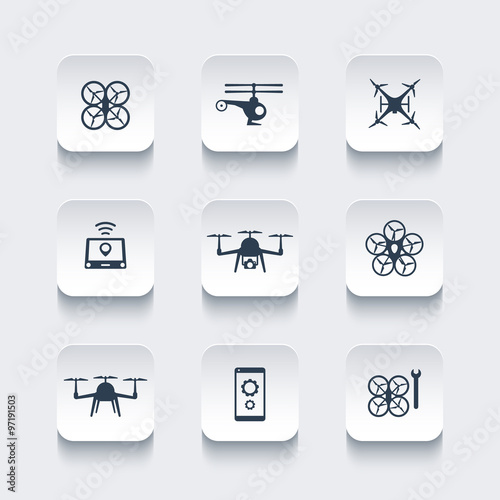 Drones, Quadrocopter, Copters, rounded square icons set, vector illustration