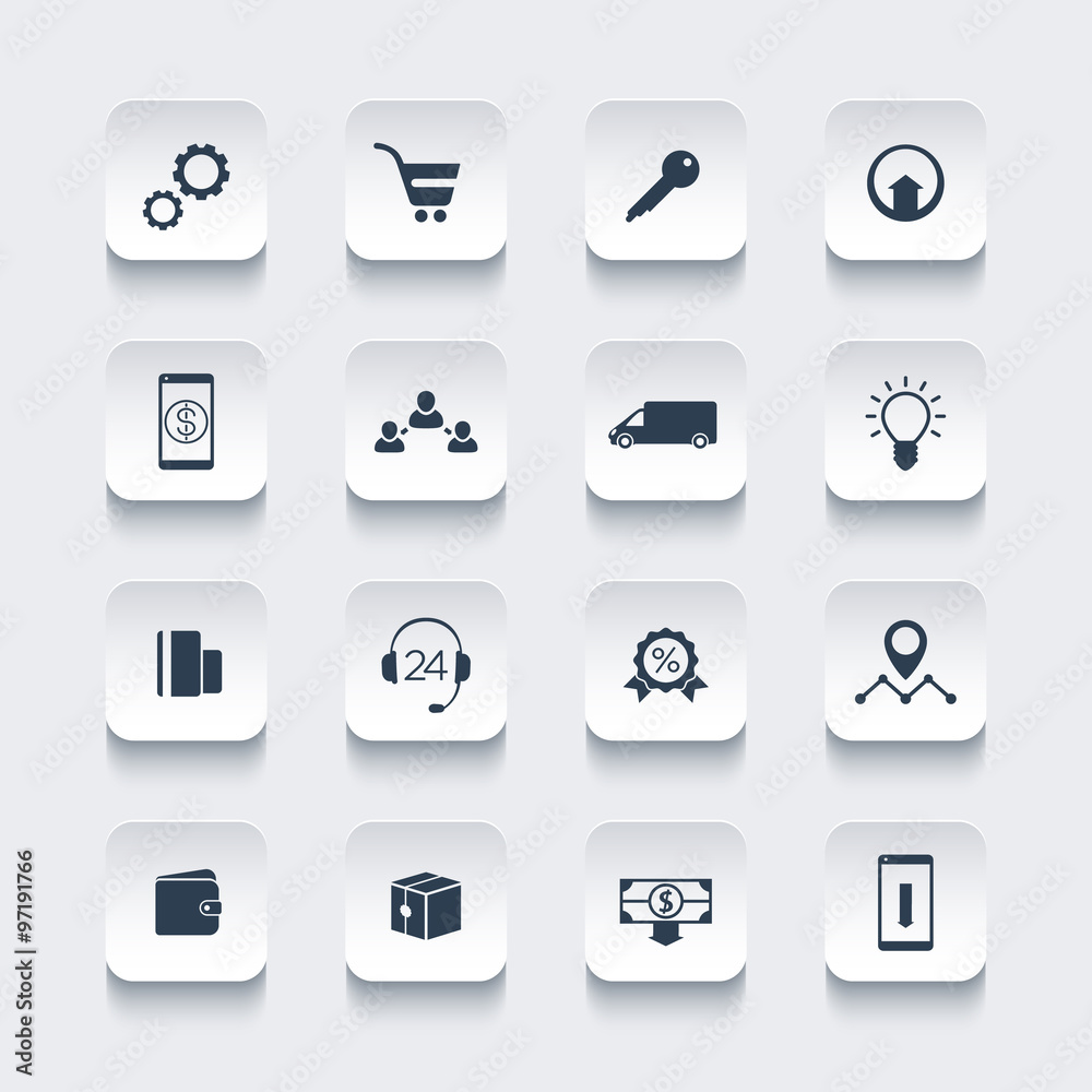 E-commerce, online shopping, rounded square icons pack, vector illustration