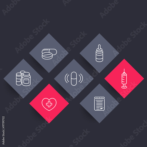 drugs, pills, line rhombic icons, vector illustration