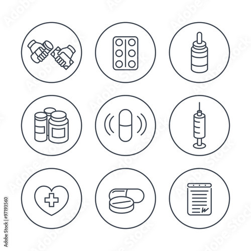 medicine, drugs, pills, line icons in circles, vector illustration