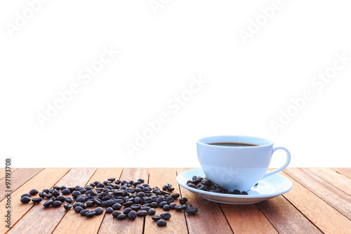 White coffee cup and coffee beans isolated on white background