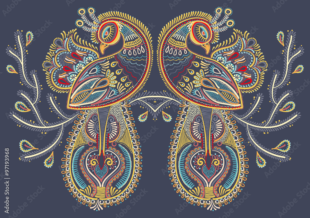 Naklejka premium ethnic folk art of two peacock bird with flowering branch design