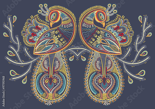 ethnic folk art of two peacock bird with flowering branch design photo