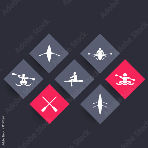 Rowing, kayak, canoe, rower, rafting, oars rhombic icons, vector illustration