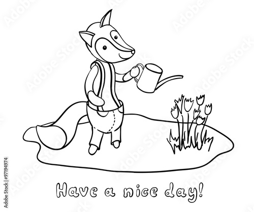 Cute cartoon fox in trousers watering flowers