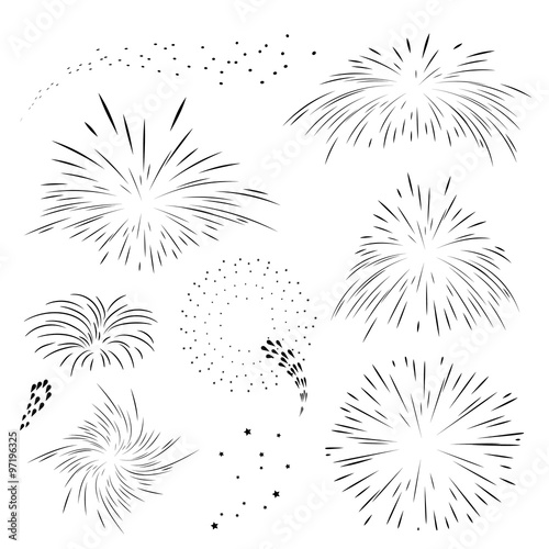 Set fireworks in black outline. Explosion templates for holiday 