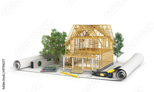 Concept of construction. 3d render of house in building process photo