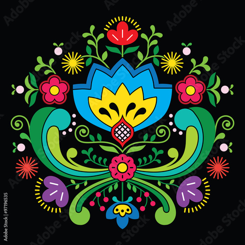 Norwegian folk art Bunad pattern - Rosemaling style embroidery on black
