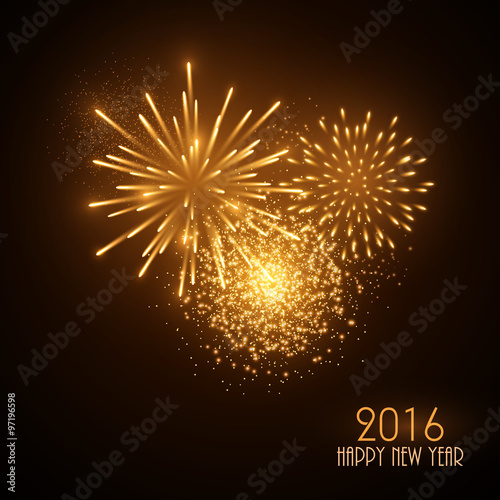 Colorful fireworks on black background. New Year greeting card.