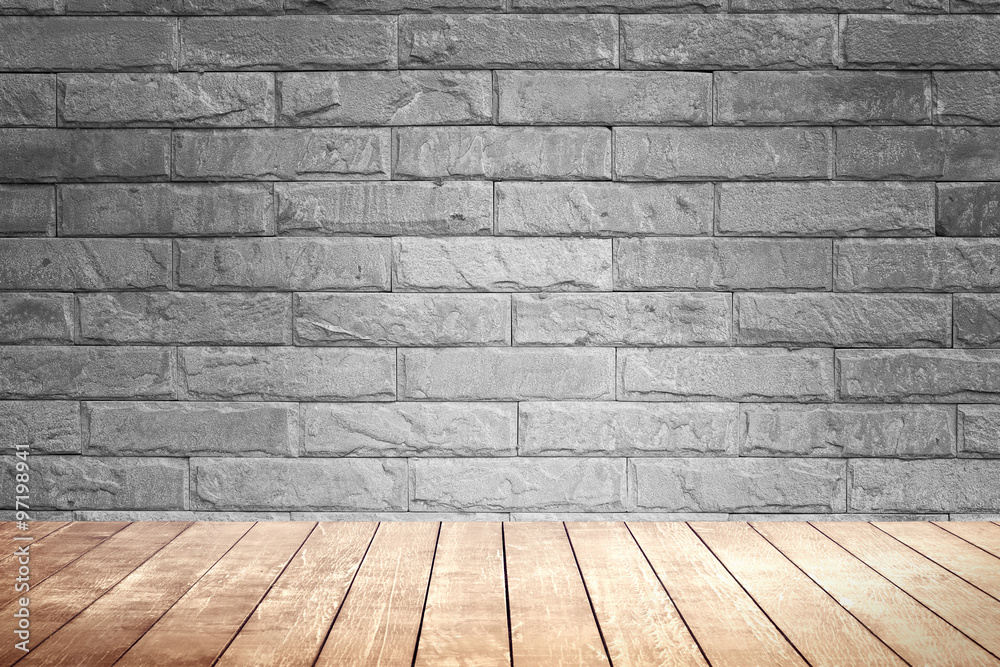 Fototapeta premium Blick brown wall background and wood shelf.