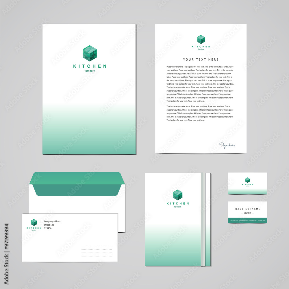 Corporate identity furniture company turquoise design template Regarding Business Card Letterhead Envelope Template