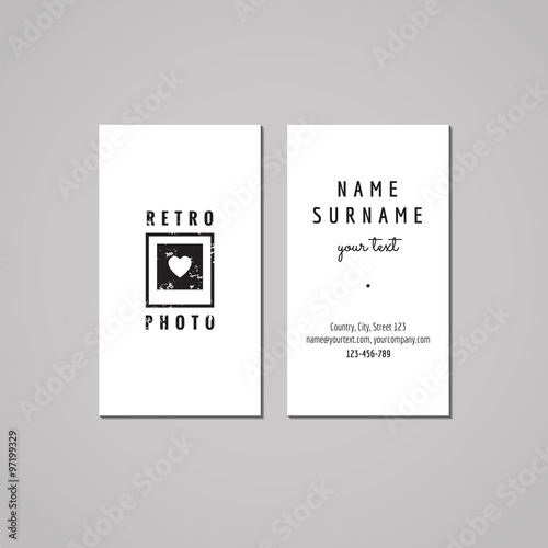 Photo studio business card design concept. Photo studio logo with heart on the photo. Vintage, hipster and retro style. Black and white.