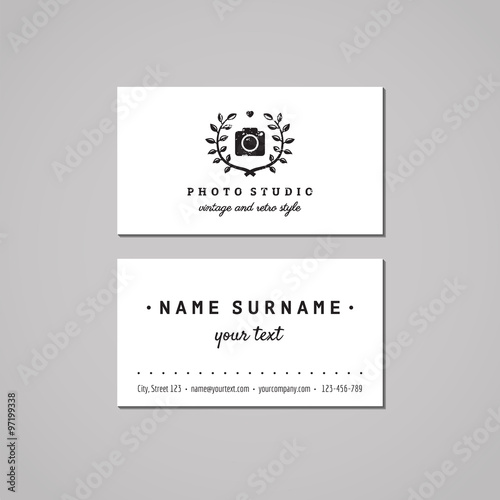 Photo studio business card design concept. Photo studio logo with photo camera and laurel wreath and heart. Vintage, hipster and retro style. Black and white.
