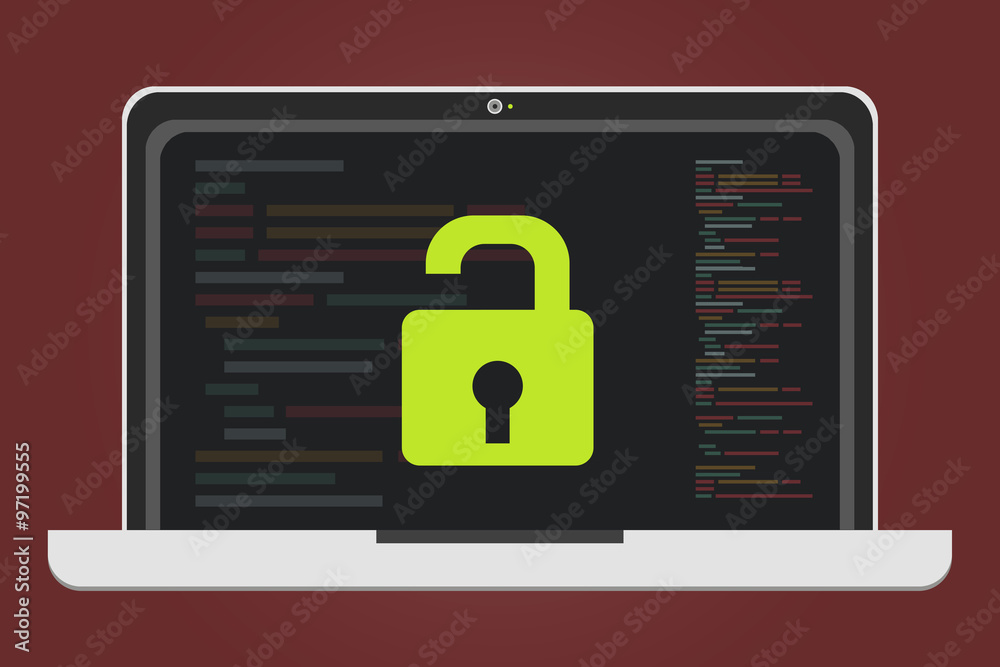 Vektorisierter Notebook auf rotem Hintergrund mit Code Fragmente im Display und einem offenem Schloss