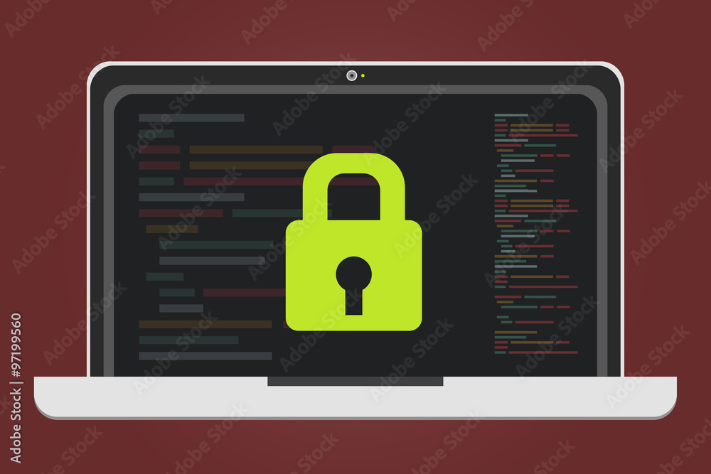Vektorisierter Notebook auf rotem Hintergrund mit Code Fragmente im Display und einem Schloss
