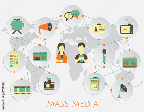 Mass media journalism news concept flat business icons of newspaper paparazzi profession live radio for infographics design web elements with a background map of the world