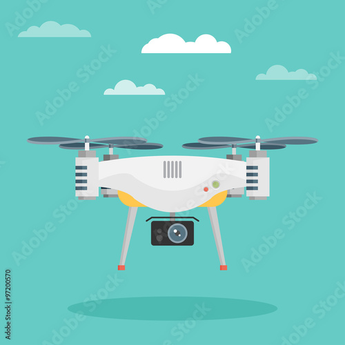 Remote aerial drone with a camera. Flat design.