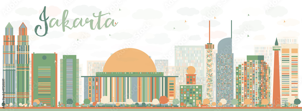 Abstract Jakarta skyline with color landmarks. Some elements have transparency mode different from normal.