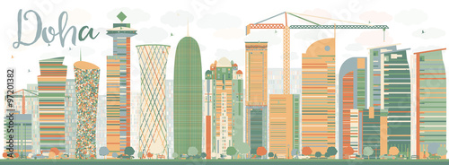 Abstract Doha skyline with color skyscrapers. Some elements have transparency mode different from normal.