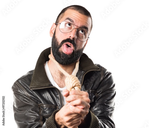 Konstfotografi Man wearing a leather jacket with slipknot around her neck