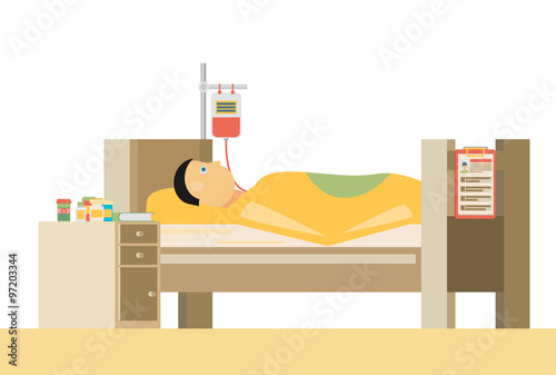 Sick man is in bed.Vector flat