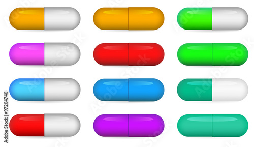 Medical pills set, different colors vectors collection.