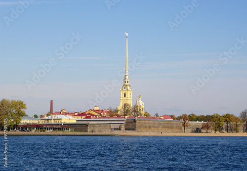 Peter and Paul fortress and Cathedral, view from Neva river, St.Petersburg, Russia 