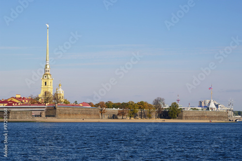 Views of Peter and Paul fortress and Cathedral on Zayachy island on Neva river, St.Petersburg, Russia