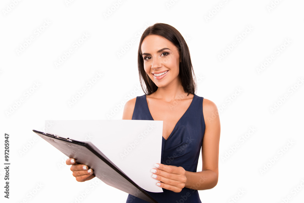 Successful cheerful businesswoman exploring documents Successful cheerful businesswoman exploring documents