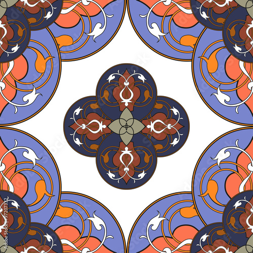 Gorgeous seamless pattern from blue Moroccan tiles, ornaments. 