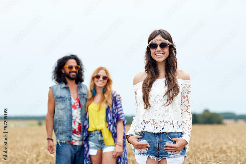 smiling young hippie friends on cereal field smiling young hippie friends on cereal field
